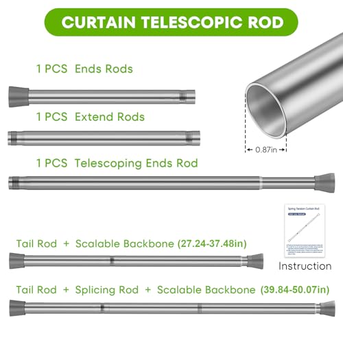 Image of Tension Curtain Rod Silver Tension Rods 28 to 48 Inch Curtain Rods No Drilling White Spring Adjustable Rod Expandable Pressure Tension Rods for Windows Closet