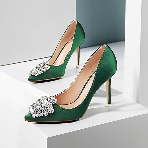 JOEupin Womens Rhinestone Satin Pumps Evening Party High Heel Pumps Wedding Bridal Stilettos Shoes3