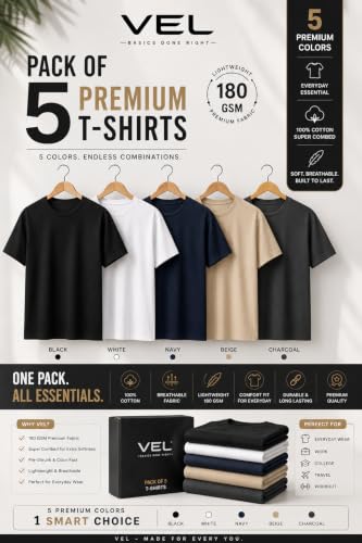 Image of VEL Plain 100% Cotton T-Shirt Multicolor Combo Pack of 5 Regular Fit Round Neck Half Sleeve Comfortable All Season wear Stylish Basic Tees