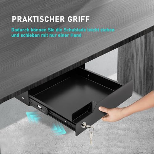 EasyVibe Untertisch Schublade Unterbau Unter Schreibtisch Schreibtische mit Schloss 42 cm (L) x 30 cm (B) x 9 cm (H), schwarz
