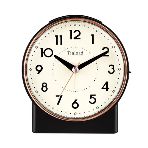 Image of Tinload 4.3 inch Retro Analog Alarm Clock, Vintage Decor, No Ticking Silent, Easy to Set, Gradual Rise Alarm, On /Off Switch on Side, Gentle Wake, Snooze, Lighted on Demand, Battery Operated, Retro Black