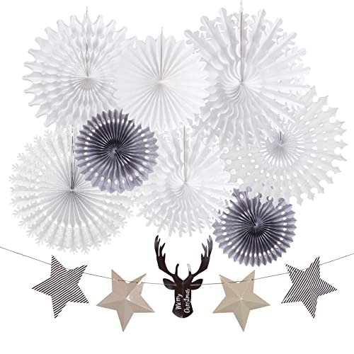 EASY JOY White Party Decorations Set, Snowflake Paper Fans Star Deer Garland, Hanging Ceiling Wall Decor Party Supply Photo Back Drop For Christmas Decor Big Events