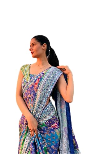 Image of Women's Blue Green Pink Multicolored Ajrak Digital Prined Real Mirror And Latkan Worked Saree With Blouse