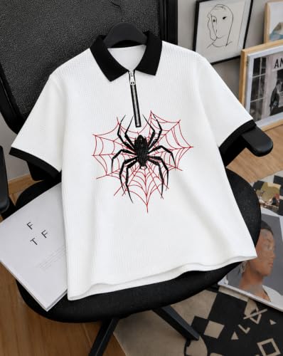 Image of AUSK Men's Spider Graphic Printed Polo T-Shirt | Cotton Blend Textured Regular Fit Half Sleeve Zip Polo Neck Casual T-Shirt for Men