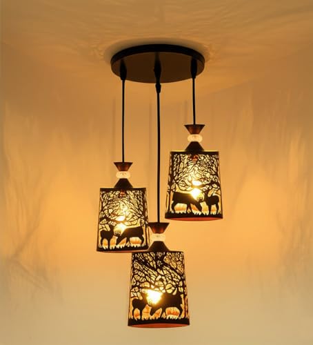 Image of Groeien 3-Light Industrial Black Finish Metal Crystal Hanging Pendant Ceiling Lamp Fixture | Chandelier for Home, Indoor, Outdoor,Living Room, Bedroom(Bulb not Included)(DeerShade3-Set)
