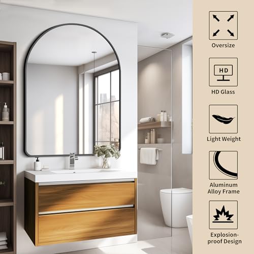 Image of FORBATH Arched Mirror 36x48 Inch, Bathroom Mirror Wall Mounted Modern Black Aluminum Alloy Frame Decor Large Dresser, for Bedroom Living Room Entryway, Hanging or Leaning Against Wall