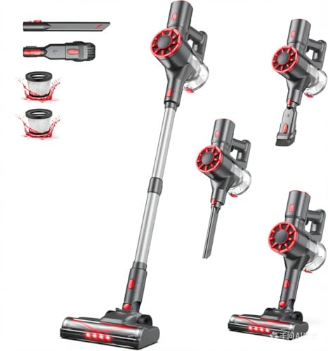 Image of Vazone Cordless Stick Vacuum Cleaner with Self-Standing, 8-in-1 Vacuum Cleaners for Home, Lightweight Powerful Vacuum with LED Screen, Rechargeable Vacuum for Carpet, Pet Hair, Hardwood Floors (Red)