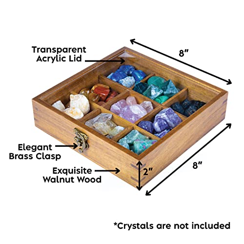 Curawood Rock Display Case - Organize Your Gemstones In 9 Grids - Crystal Holder For Stones Display - Healing Crystal Storage Box - Crystal Organizer Showcase - Crystal Display Case With Acrylic Lid #TOP1