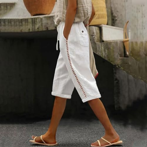 Women's Fashion High Waist Cotton Linen Bermuda Shorts for Women Knee Length Casual Summer High Waisted Drawstring Beach Lounge Shorts Shorts Romper for Women White 3X