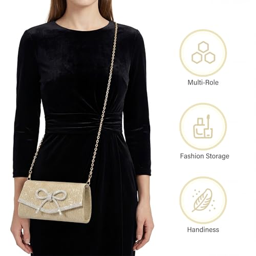 Image of Bow Rhinestone Evening Clutch Purses for Women Weddings Party Prom Diamond Glitter Sparkly Handbag with Detachable Chain