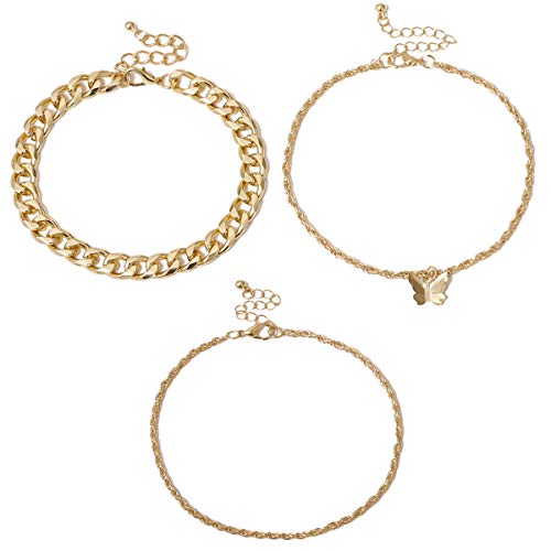 Yfstyle 3pcs Cuban Link Ankle Bracelets with Butterfly Anklet Set for Women Girls Adjustable Bracelets for Summer Beach Gold Plated