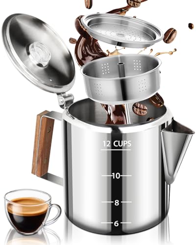 Image of Coffee Maker Coffee Percolator 304 Stainless Steel Pot Stovetop Easy Brewing Even Heating 12 Cup 74.4oz 2200ml Silver Classic Design Heat Resistant Home Camping Outdoor
