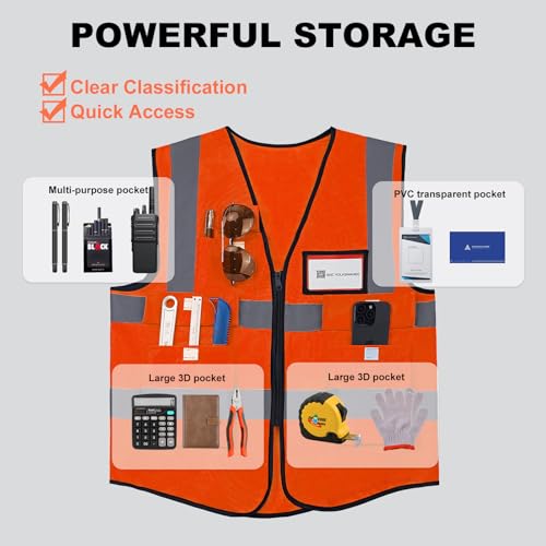 Image of 10 Pack Reflective Safety Vests with Pockets & Zipper, High Visibility Orange Construction Vest for Men Women, Durable ANSI Class 2 Work Vest Strips Vests for Outdoor Work