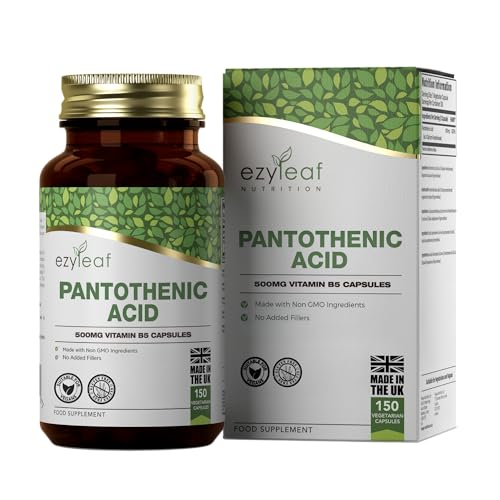 EZ Pantothenic Acid Supplement | 150 High Strength Vitamin B5 Capsules - 500mg Pantothenic B5 per Serving | Pantothenic B5 Acid | Non-GMO Gluten & Filler Free | Manufactured in the UK