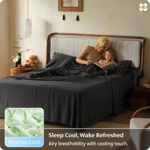 Image of Bedsure 100% Organically Grown Bamboo Viscose King Size Sheets Set | Cooling Bedsheets for Hot Sleepers | Luxury Silky Soft PureWoven | 18 inch Deep Pocket with Corner Straps | Oeko-Tex [Charcoal]