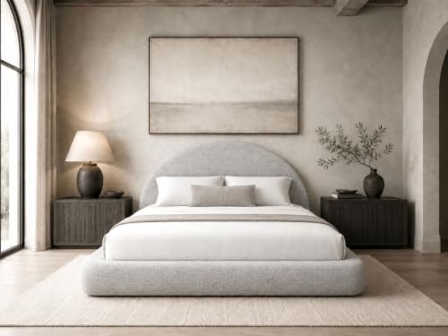 Image of New Round Bed Upholstered Bed Frame -Washable Zip Cover, Modular Minimalist Modern Design Soft Foam Platform Bed, Half Circle Sold Separately (Gray Linen, King Headboard)