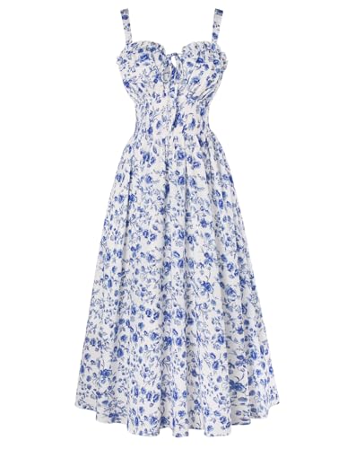 SCARLET DARKNESS Damen Blau Blumenmuster Ärmellos Lang Midikleid mit Herzausschnitt Leicht Luftig Sommerkleid für Strand und Festival L