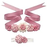 Maternity Flower Sash Belt Headband Set, Women Girls Wedding Baby Shower Sash Dusty Pink