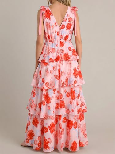 Image of Wenrine Womens Summer Floral Maxi Dress Tie Strap Sleeveless V Neck High Slit Boho Ruffle Tiered Beach Dresses