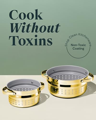 Image of Caraway Small & Large Steamer Set - Made with Handles - Non Stick, Non Toxic Coating - Steam Veggies, Seafood, and More - Compatible With Our Dutch Oven or Sauce Pan - 3qt & 6.5qt - Gold