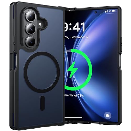 FNDMIL Magnetic for Samsung Galaxy Z Fold 7 Case [Compatible with MagSafe][Anti-Fingerprint][Military Grade Drop Proof] Translucent Hard Back & Soft Silicone Bumper Phone Case Midnight Black