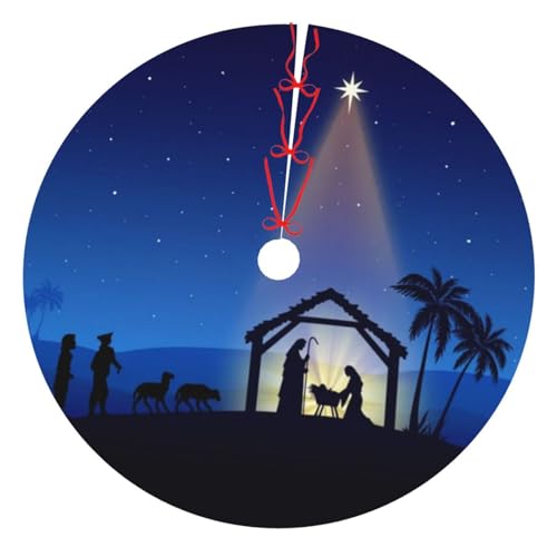 Holy Blue Star Christmas Nativity Scene Tree Skirt 36