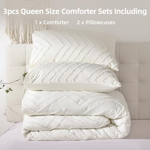 Image of YIRDDEO Ivory White Queen Comforter Set 3Pcs, Boho Farmhouse Queen Size Bedding Set, Vertical Tufted Bed Set, Lightweight Neutral Bedroom Set (1 Comforter 2 Pillowcases)