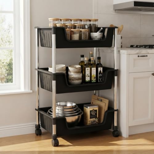 Image of JD FRESH 3-Tier Multi Storage Rack for Home & Kitchen /360-Degree Rotating Wheels with Breathable Kitchen Shelf Storage Rack /Plastic Rolling Cart for Kitchen, Bathroom, Office & Living Room (Black)