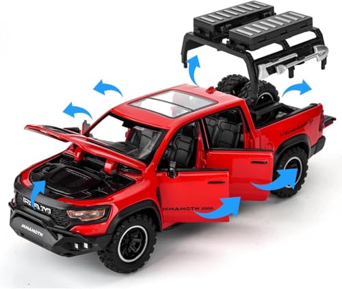 Image of 1 /32 Ram Pickup Truck Diecast Model Toy Car Metal Truck with Sound & Light Pull Back Friction Powered Toy Vehicle Openable Doors Collectible Gift for Kids & Boys (Red)
