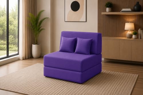 Image of Sofa Cum Bed with Jute Fabric, Convertible One Seater Sofa Bed 3x6 Ft, Comfortable Cushioned Seating, Space Saving Design for Living Room, Bedroom & Guest Room - Purple Color