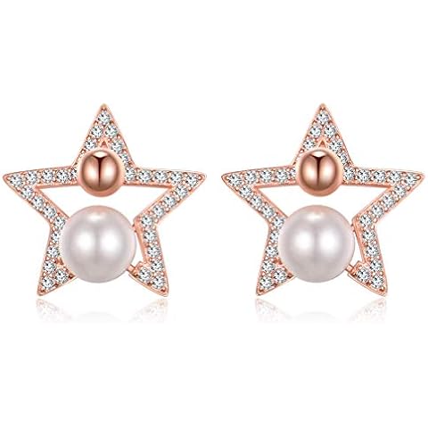 SUMERBOX Sterling Silver Star Pearl Stud Earrings Rose Gold Plated Cover