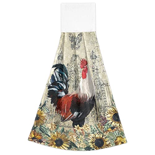 Giwawa Rooster Kitchen Hanging Towel Set Of 2 Vintage Chicken Sunflower Hand Tie Towel With Loop Farmhouse Animal Yellow Flower Microfiber Dish Cloth Fast Drying For Bathroom Tabletop Home Decor #TOP1