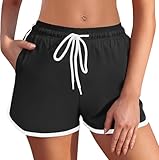 Ekouaer Women Swim Shorts Board Shorts High Waisted Beach Shorts Tummy Control Swimming Bottoms with Pockets Liner, Black + White L