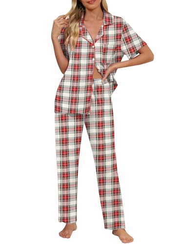 Image of Senert Womens 2 Piece Pajamas Set Button Down Top and Pants Soft Sleepwear | Short Sleeve Lounge Sets with Pockets, Maternity / Nursing /Postpartum Pjs Set, Bride Pjs Set for All Seasons