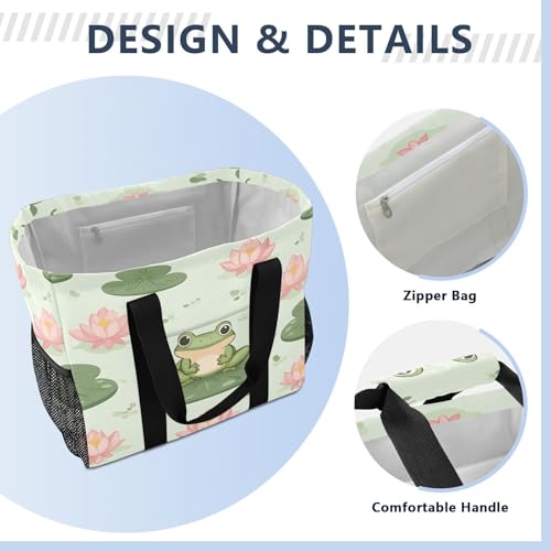 Large Waterproof Travel Tote Bag for Women Men, Summer Frog Lotus Flowers Canvas Beach Bag with Lining & Pockets - Reusable Grocery/Laundry/Kitchen/Pool/Picnic Tote (15.4x9.8x12.8in)4