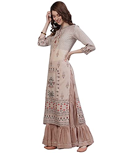 Image of ishin Women's Silk Peach Zari Embroidered A-Line Kurta set With Sharara And Dupatta