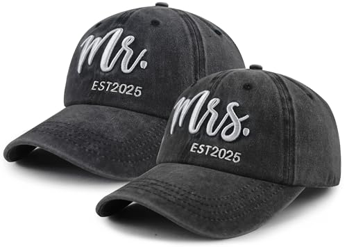 Image of 2PCS Mr and Mrs 2025 Hats for Men Women, Adjustable Cotton 3D Embroidered Gifts Baseball Cap