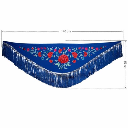 Bordado motivo claveles en mantoncillo corto azul de flamenca 2