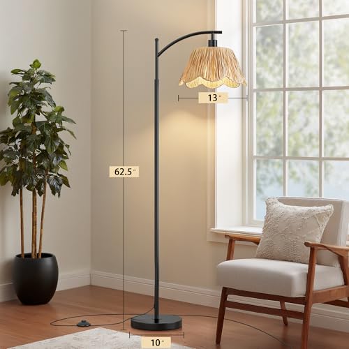 Image of Oneach Boho Rattan Floor Lamp for Living Room, Farmhouse Standing Lamp with Hand-Woven Shade, Black Metal Base & Pole, Foot Switch - Corner Reading Lamp for Bedroom
