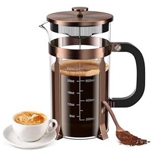 French Press Coffee Maker, 34 Ounce 1 Liter, Stainless Steel, Cold Brew Heat Resistant Borosilicate Glass Espresso Coffee & Tea Maker with 4 Filter