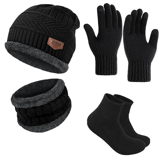 Winter Hat Set with Gloves and Neck Warmer, Black Wool Beanie Cap, Unisex Regular Fit, Thermal Warm Accessories for Cold Weather, Free Size