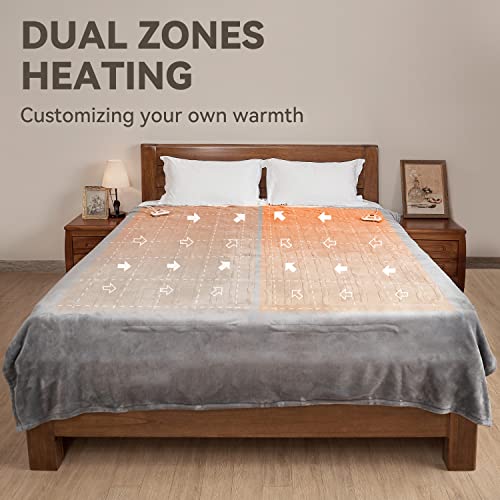 Pipimama Electric Heated Blanket Queen Size Dual Control 84"X90",Soft Flannel Plush Electric Blanket For Bed 10 Heating Levels 12 Hours Auto-Off Machine Washable, Grey #TOP4