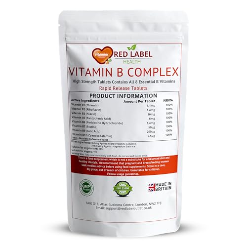Red Label Health Vitamin B Complex High Strength 360 Tablets (1 Year Supply) - B1, B2, B3, B5, B6, B12, Biotin & Folic Acid for Men & Women, Vegan & Vegetarian-Friendly
