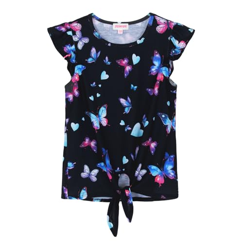Image of JESKIDS Girls Short Sleeve Shirts Ruffle Tie Front Unicorn /Tie Dye Print Summer Tee Tank Tops 3-11 Years