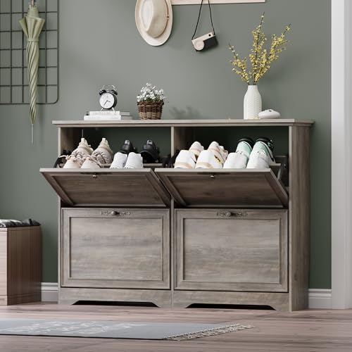 BORNOON Large Shoe Cabinet for Entryway, 4 Flip Drawer Organizer with Adjustable Shelves, Wooden...