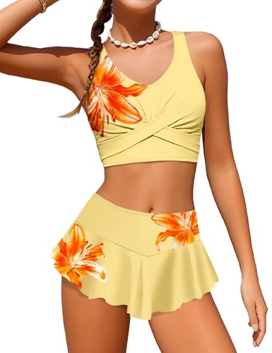 Image of Qaoerde Girls Swimsuit Tropical Print Bikini Set with Ruffle Hem Two Piece Criss Cross Bathing Suits for Girls 7-16 Years