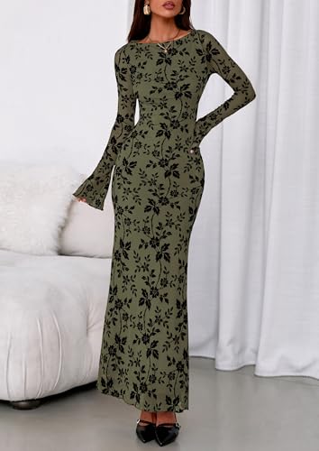 PRETTYGARDEN Women's Floral Bodycon Maxi Dress 2025 Fall Elegant Mesh Long Sleeve Formal Wedding Guest Cocktail Dresses2