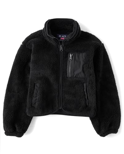 The Children's Place,Girls,Long Sleeve Sherpa Fleece Full Zip Jacket,Black,Medium