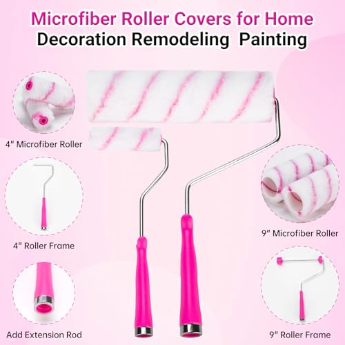 ThinkLearn Paint Roller Kit, Pink Paint Brushes Kit with Paint Tray, 4 & 9 inch Paint Roller Frame and Roller Covers for Painting Walls, Paint Supplies for Home Interior (24Pcs) - Image 2