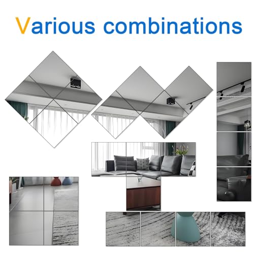 Image of SUNQUEEN 12 inch x 12 inch Glass Mirror Square Tiles for Wall A- Frameless Full Length Mirror Wall Mounted, Full Body Mirrors for Bedroom Home Gym Door & Bathroom (4-Pack), Transparent